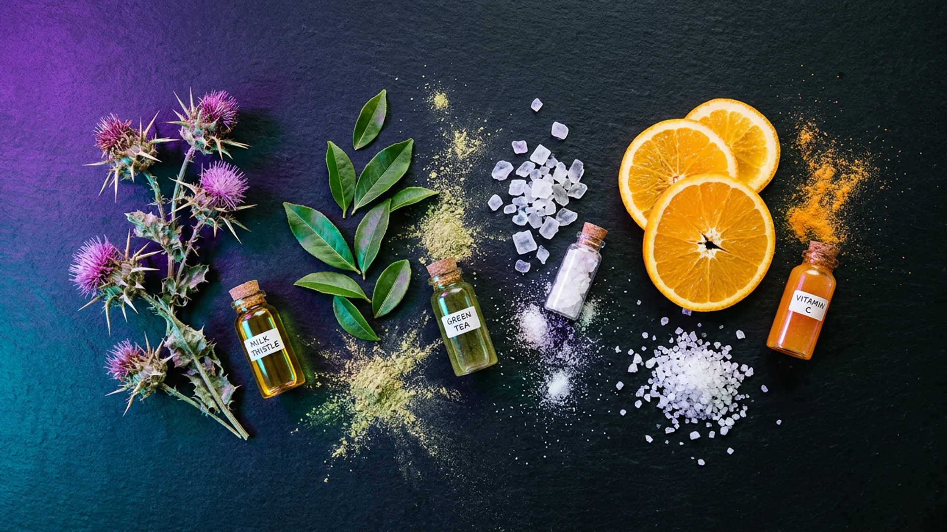 Supplement ingredients arranged on dark surface